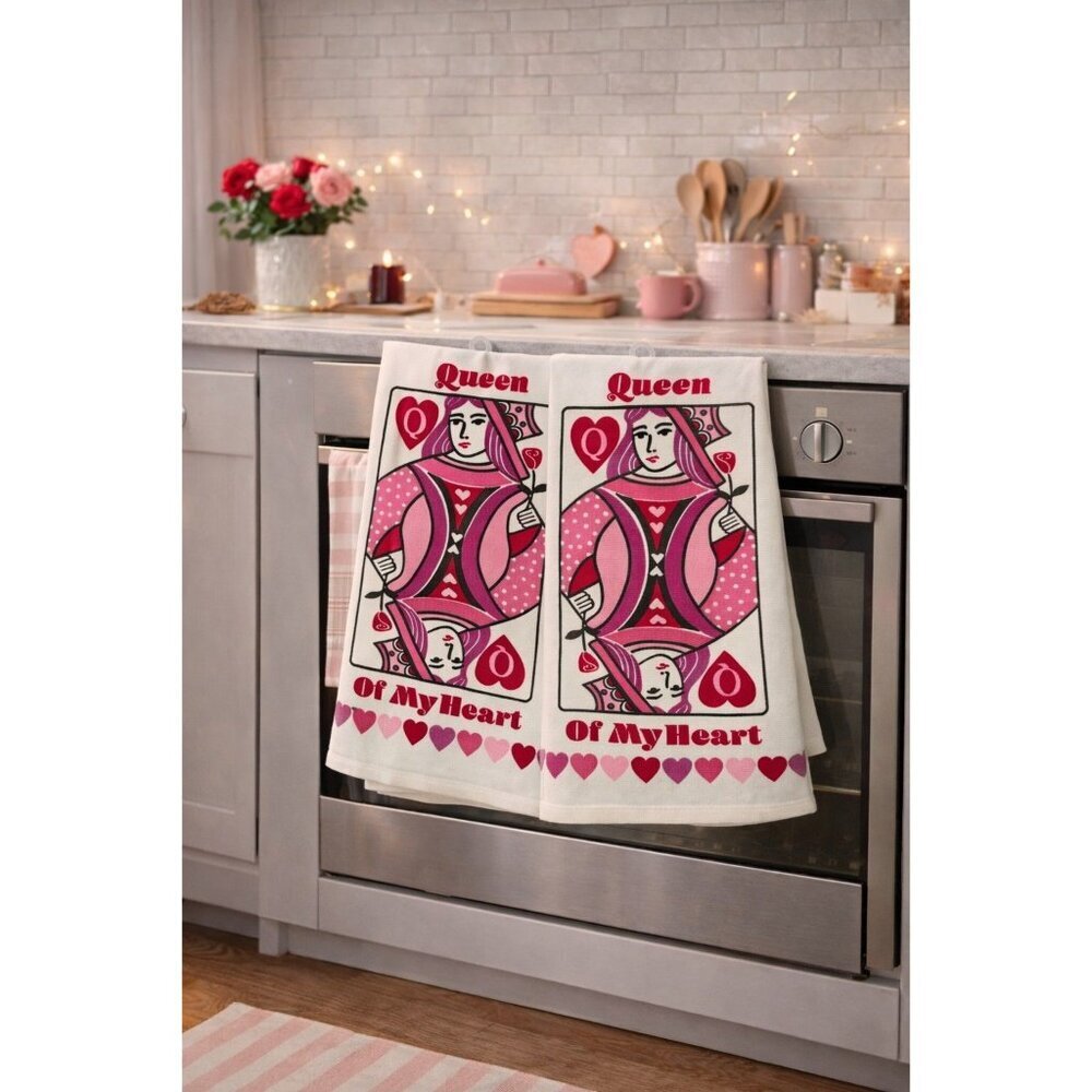 New Set 2 Valentines Day Love Pink Queen Of My Heart Poker Card Kitchen Towels